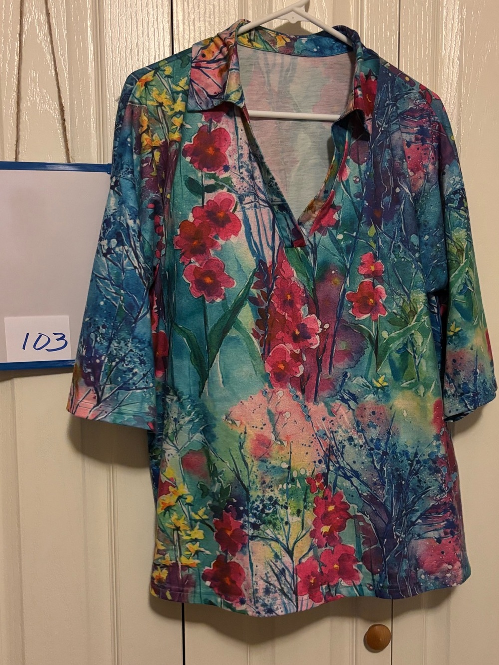 Floral Watercolor Print Women's Top in Teal and Pink